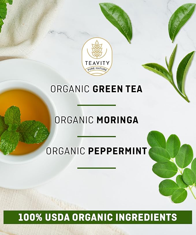 Organic Moringa Green Tea with Peppermint Tea Pods for Keurig - Naturally Caffeinated by Teavity (12 Tea Pods)