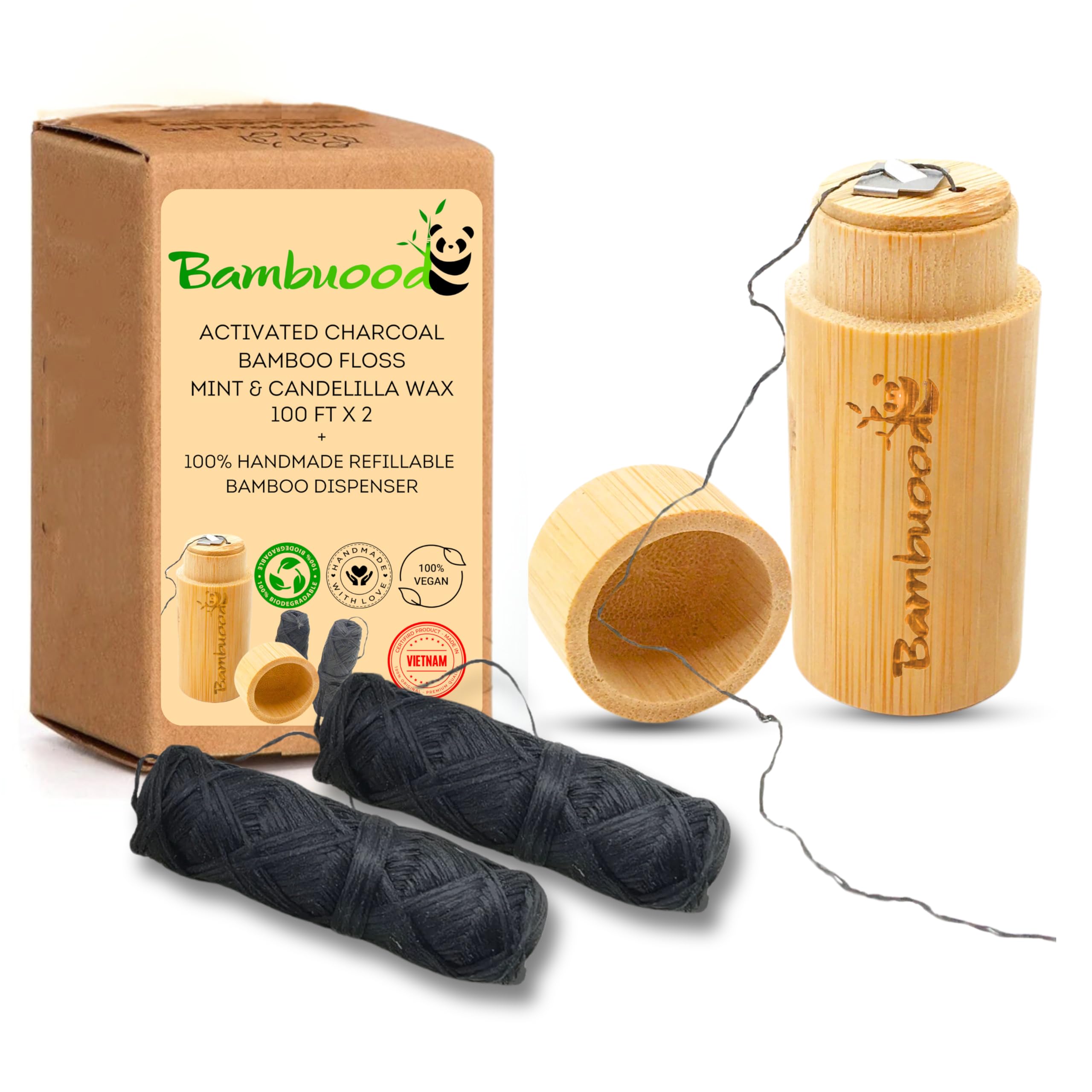 Bambuood Vegan Biodegradable Bamboo Activated Charcoal Dental Floss (4 Pack (Dispenser + 2 Refill))