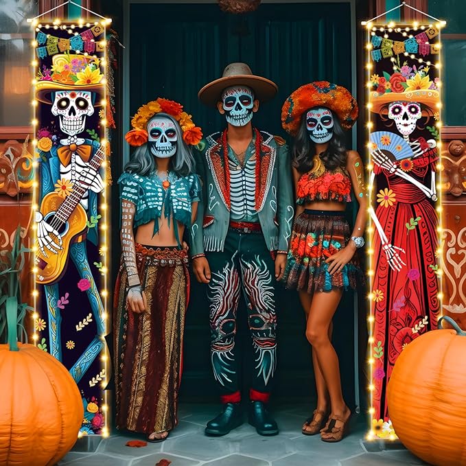Halloween Decorations Dia De Los Muertos Lighted Porch Sign Banners Halloween Decor Mexico Day of The Dead Porch Signs Banner Indoor Outdoor Wall Door Party Decor Decoration Ornaments