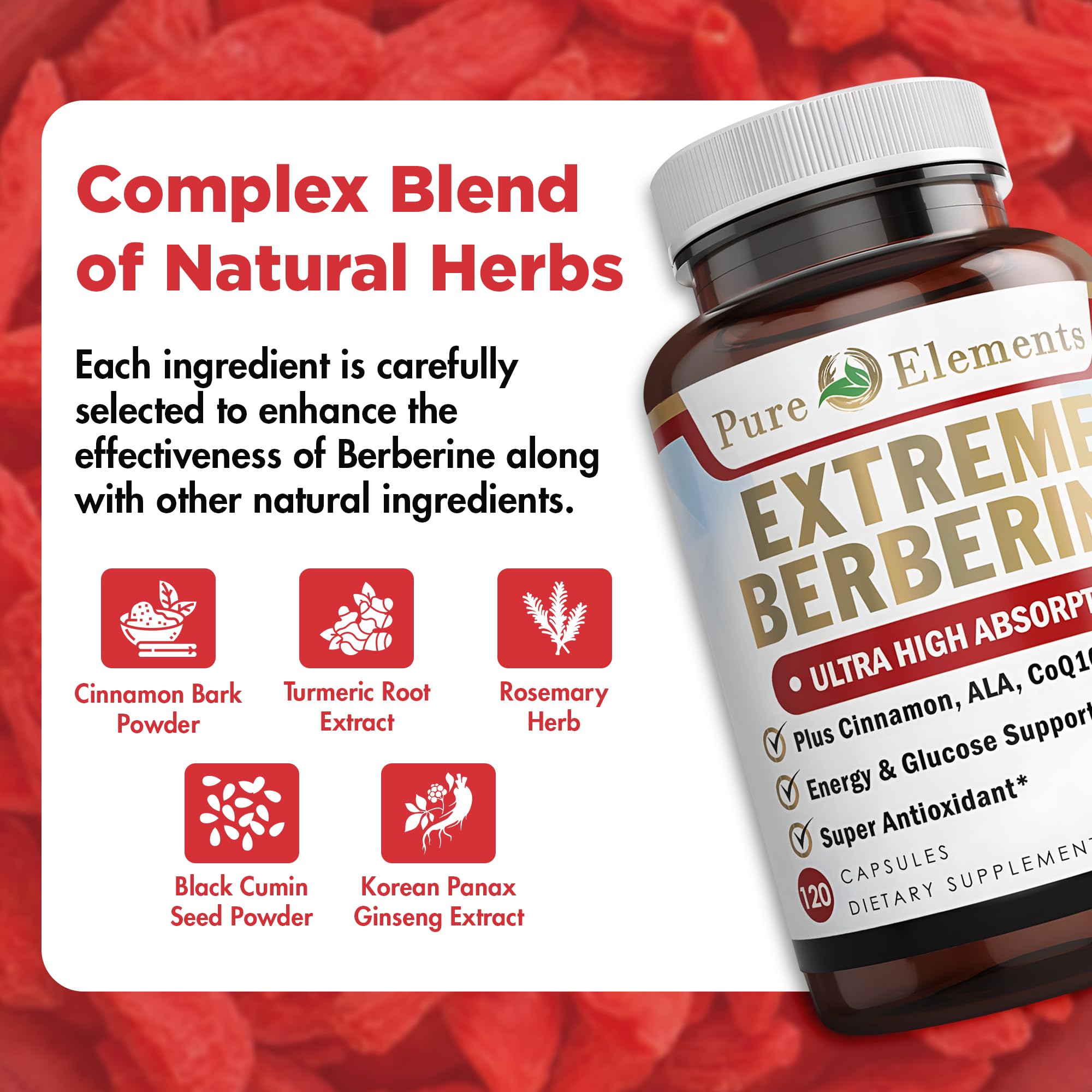 Berberine 500mg Complex with ALA, Coq10, Turmeric, Cinnamon, Bitter Melon, banaba Leaf, Korean Panax, Royal Jelly, and 21 Herbs for Healthy Blood Sugar Support and Immunity-60 Capsule Servings