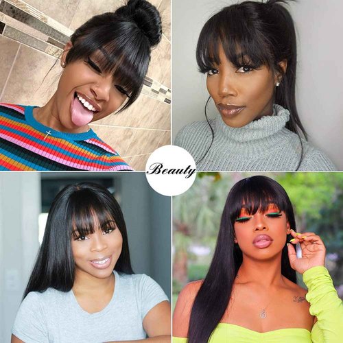 HLSK hair Mechine Made wig human hair natural black body wave 150% density with Pre Plucked Hairline with baby hair grade 10A hair wig (20, Straight wig with Bang)