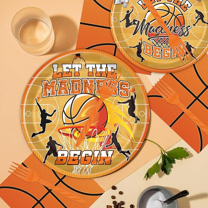 Rakuto March Basketball Party Decorations Tableware, 96PCS Let the Madnes Begin Disposable Paper Plates Napkins Decoration, Ball Sports Theme Birthday Forks Decor for Kids Boys Supplies Serve 24