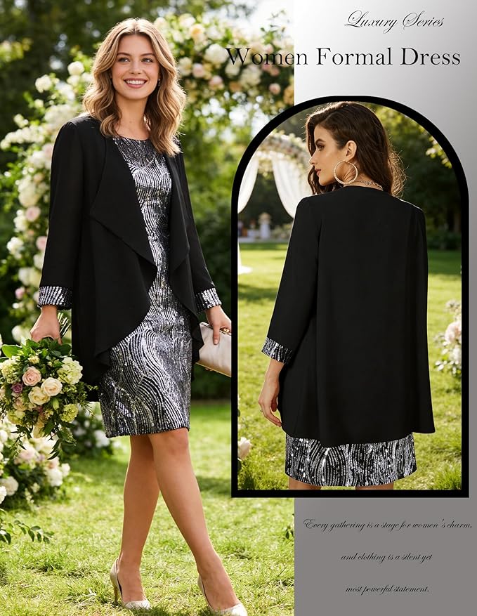 GRACE KARIN Women's Sequin Dress - Wedding Guest & Mother of The Bride Formal Dress - Two Piece Knee Length