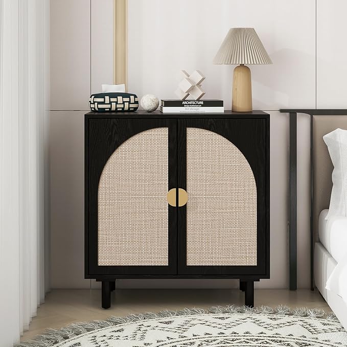 Black Sideboard Cabinet with 2 Rattan Doors, Rattan Buffet Cabinet with Adjustable Shelves & Pine Legs, Boho Sideboard Buffet for Living Room, Kitchen, Entryway (Black,1 PCS)