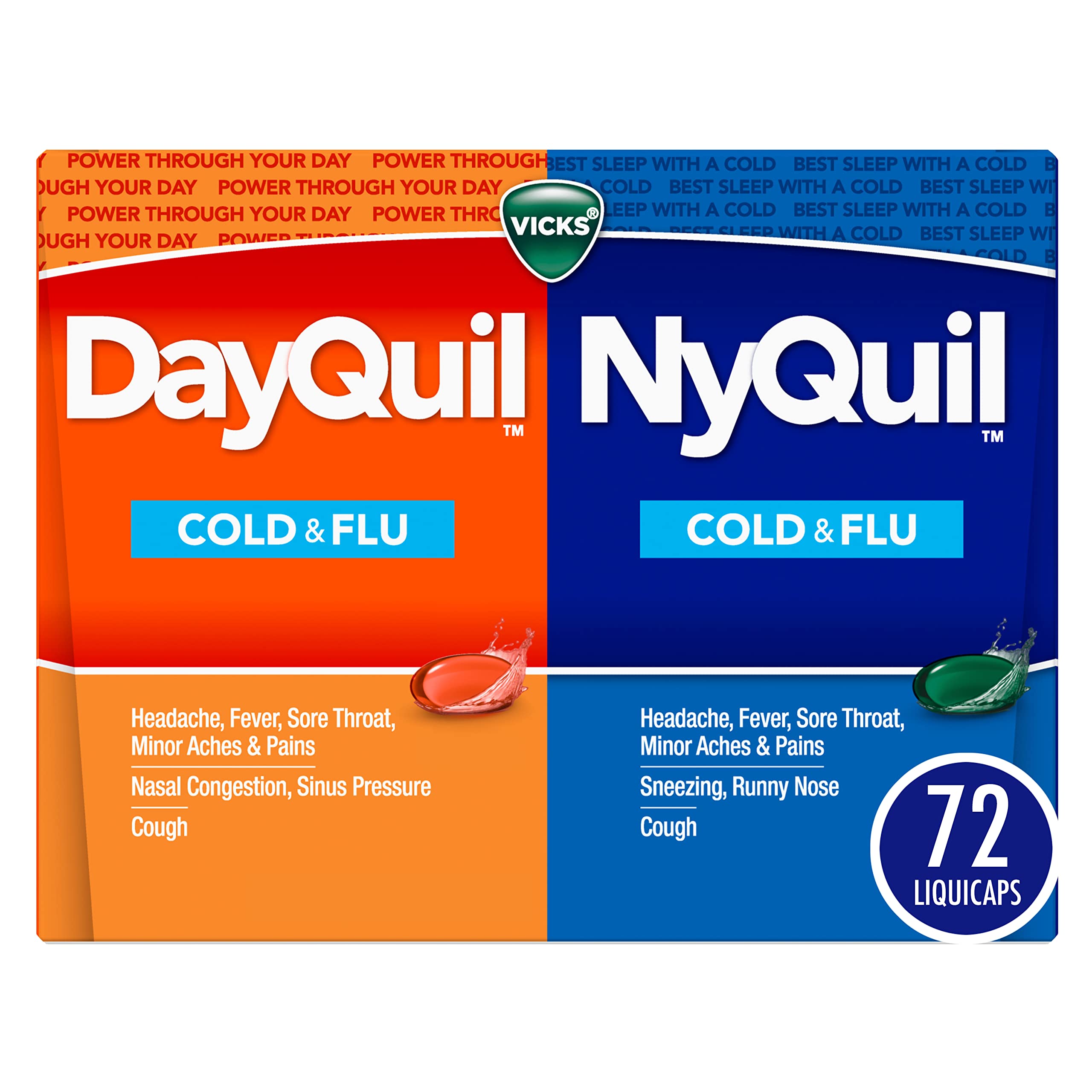 Vicks DayQuil & NyQuil Co-Pack, Cold & Flu Medicine, Powerful Multi-Symptom Daytime & Nighttime Relief for Headache, Fever, Sore Throat, Minor Aches & Pains, & Cough, 72ct