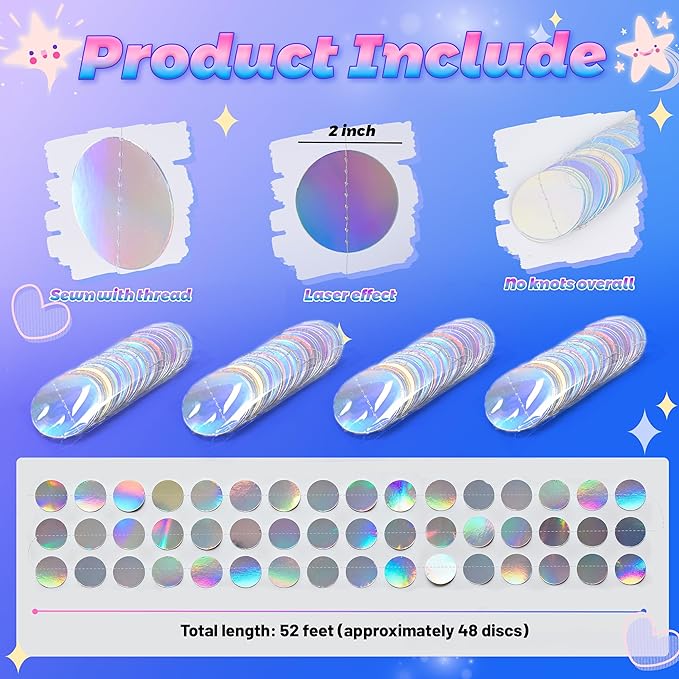 BTSD-home Iridescent Party Decorations 4 Pack Iridescent Garland Circle Dots Tool-Free Hanging Holographic Decor for Birthdays Graduation Christmas and Weddings Photography Background