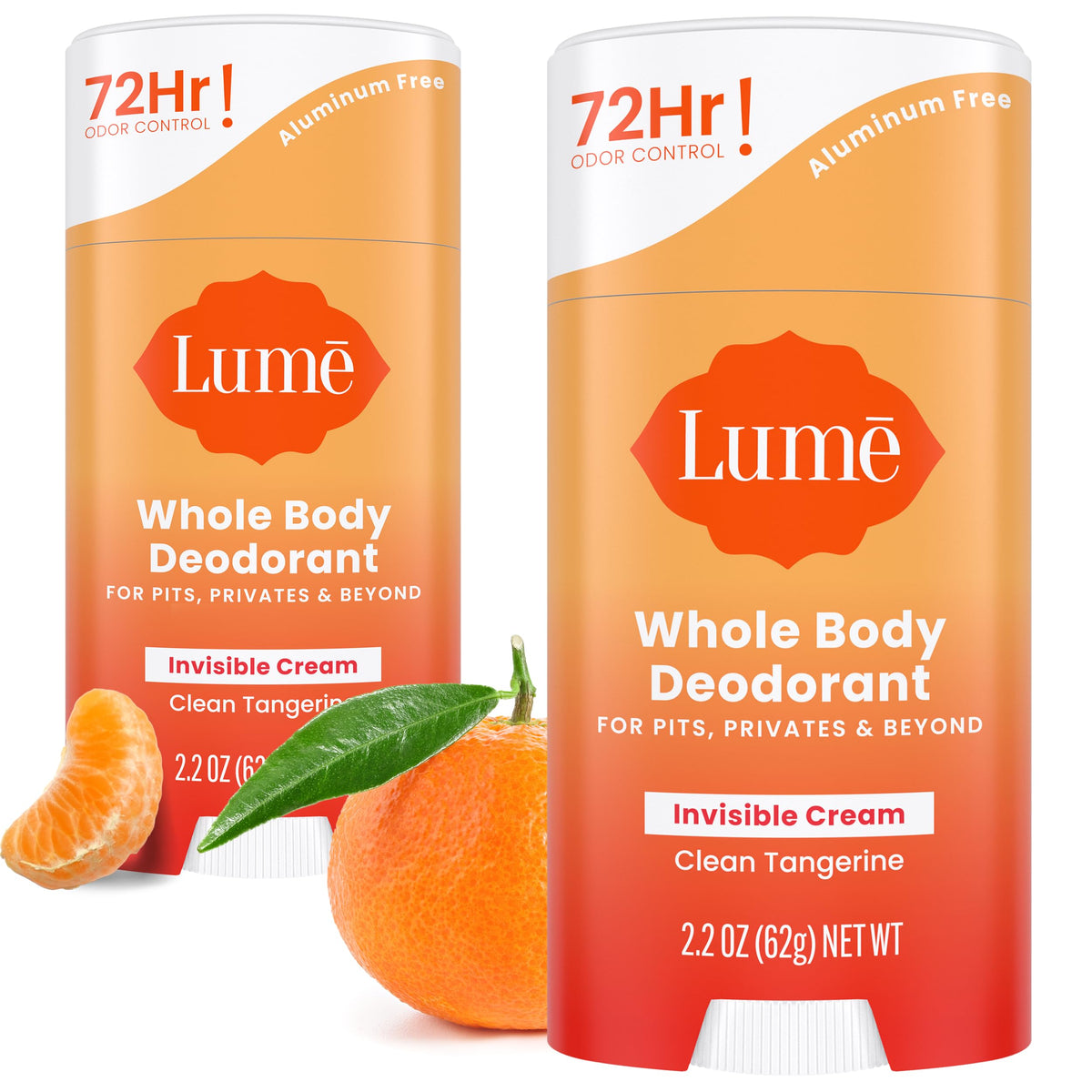Lume Whole Body Deodorant - Invisible Cream Stick - 72 Hour Odor Control - Aluminum Free, Baking Soda Free, Skin Safe - 2.2 Ounce (Pack of 2) (Clean Tangerine)
