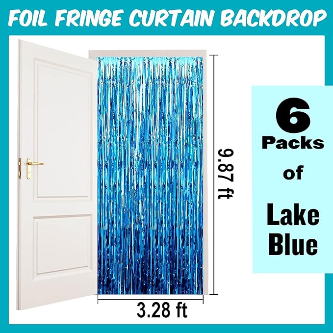6 Pack Lake Blue Foil Fringe Curtains Backdrop, 3.28 x 9.8 Ft Metallic Streamers Tinsel Curtains Background for Photo Booth, Birthday, Halloween, Christmas, Thanksgiving, New Year Party Decorations