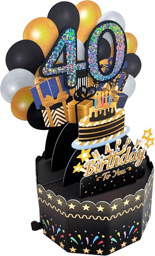 40th Birthday Cards 3D Popup Birthday Greeting Cards - Birthday Greeting Card for Men and Women, Mom and Dad with Blank Note and Envelope Included (Black Gold)