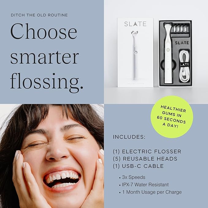 Slate Electric Flosser - Starter Set | 3-in-1 Dentist-Invented with Reusable Floss Heads, Gum Brushes & Tongue Scraper | More Effective Than String or Water Floss