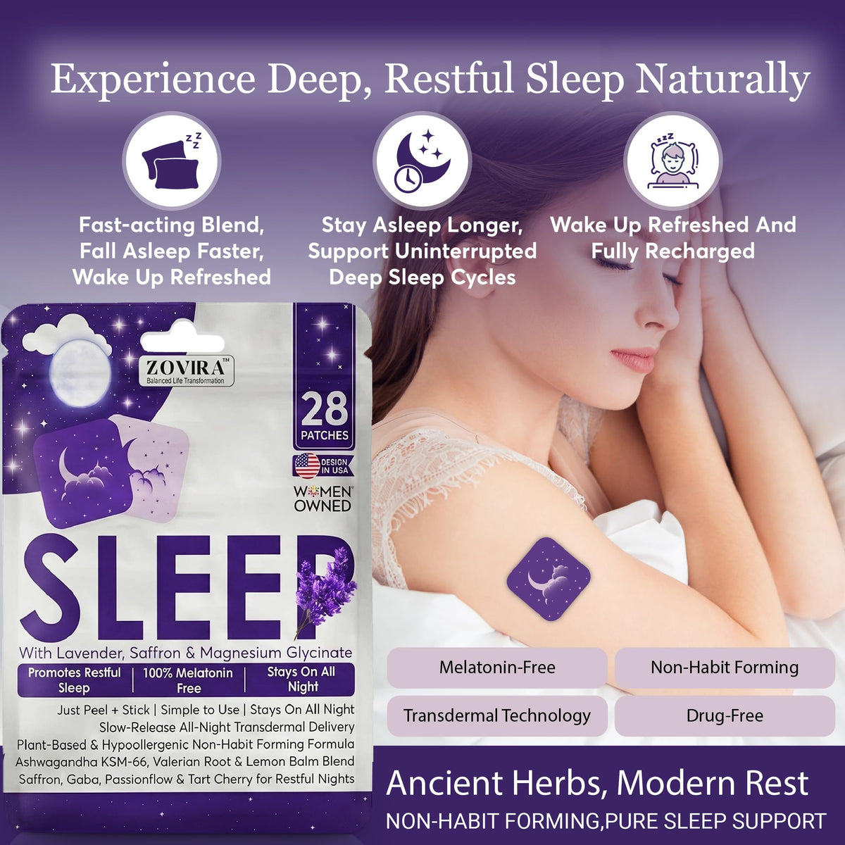 ZOVIRA Sleep Patches for Adults - Melatonin Free | Magnesium, Lavender & Ashwagandha | Non-Habit Forming Transdermal Sleep Aid | Hypoallergenic | 28 Count - Pack of 1