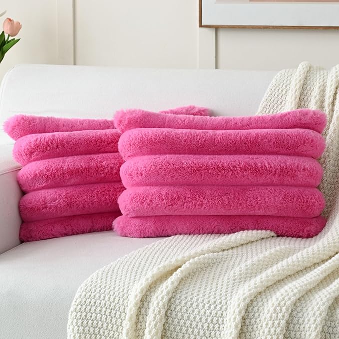 FUTEI Hot Pink Decorative Throw Pillow Covers 12x20 Inch Set of 2, Square Soft Faux Rabbit Fur Thick Striped Lumbar Pillow Case,Winter Home Decor for Couch Bed Living Room
