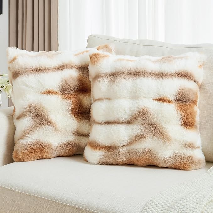 FUTEI Brown White Decorative Throw Pillow Covers 20x20 Inch Set of 2,Soft Fuzzy Faux Rabbit Fur Cushion Covers with Raised Texture,Neutral Boho Home Decor for Couch Bed Living Room