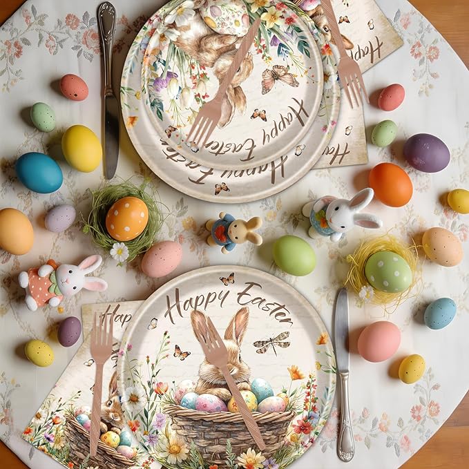 Rakuto Easter Plates and Napkins Disposable Decorations, 96PCS Happy Easter Bunny Eggs Paper Plates Napkins Forks Party Decoration, Rabbit Flower Themed Decor for Spring Celebrations Picnic Serve 24