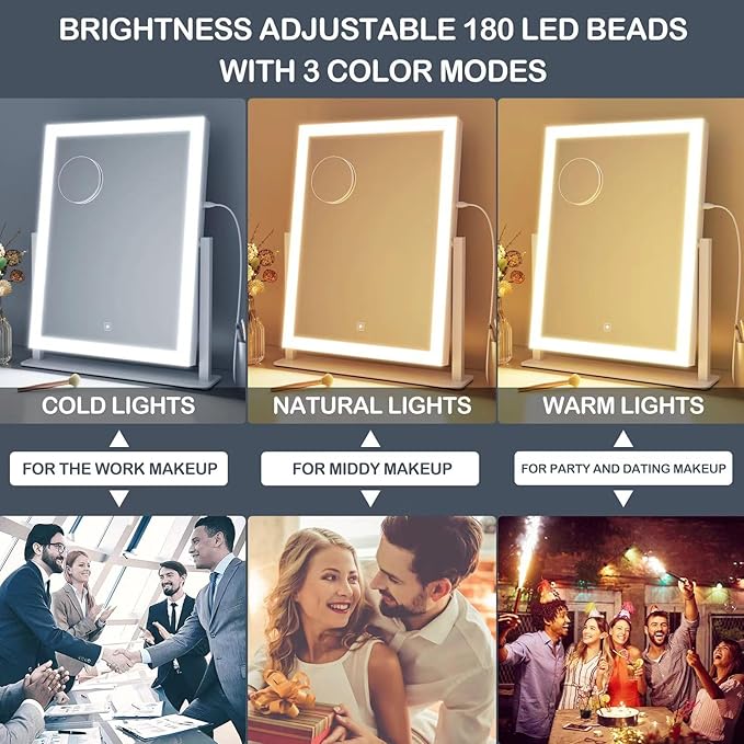 15.2" Lighted Makeup Mirror Hollywood Vanity Mirror with Lights, Three Color Modes,Detachable 10X Magnification Mirror, Smart Touch Control, 360°Rotation White