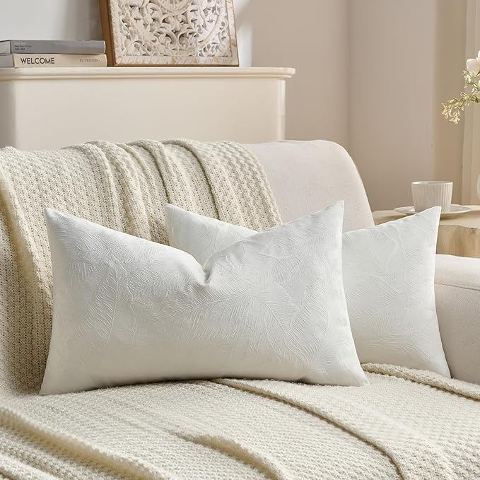 FUTEI Cream Velvet Throw Pillow Covers 12x20 Inch Set of 2,Soft Embossed Leaf-Relief Textured Lumbar Pillow Cases,Natural Home Decor for Couch Living Room