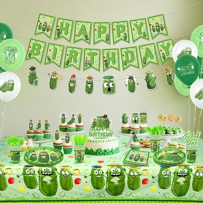 Pickle Birthday Decorations - Pickle Party Tableware, Plates Cups Napkins Pickle Party Tablecloth Happy Birthday Banner Balloons Cake Toppers for Pickle Birthday Supplie