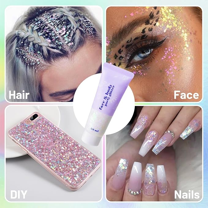 DAGEDA Iridescent Body Glitter Gel, Holographic Face Glitter Body Gel Rave Party Accessories, Chunky Glitters for Face Hair Nails, Cosmetic Laser Powder Festival Sequins Paint Makeup