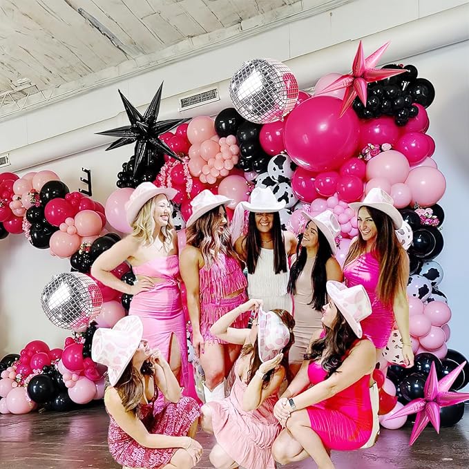 Hot Pink and Black Cowgirl Balloon garland Arch Kit 101Pcs with mylar foil Disco Ball Cow print Balloons for Girl birthday bachelorette party Decorations
