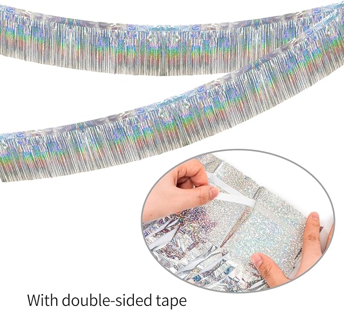 4 Packs 10 Feet Long Laser Silver Foil Fringe Garland Shiny Metallic Tinsel Wall Hanging Banner for Car Parade Birthday Parties Floats Wedding Baby Shower Ceremonies Bachelorette Garden Decorations