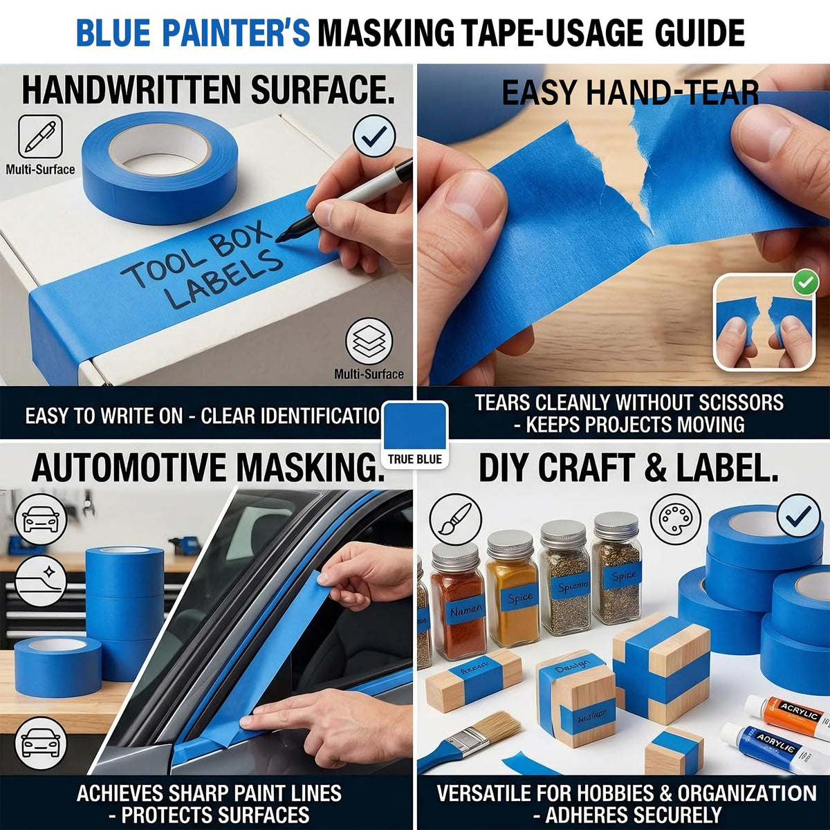 Duccinp Blue Painters Tape 2 Inch Wide, 4 Rolls Masking Tape 1.89 Inch x 55 Yards – Strong Adhesion Painter’s Tape, No Residue Blue Masking Tape for Painting, DIY, Packaging & Multi-Surface Use