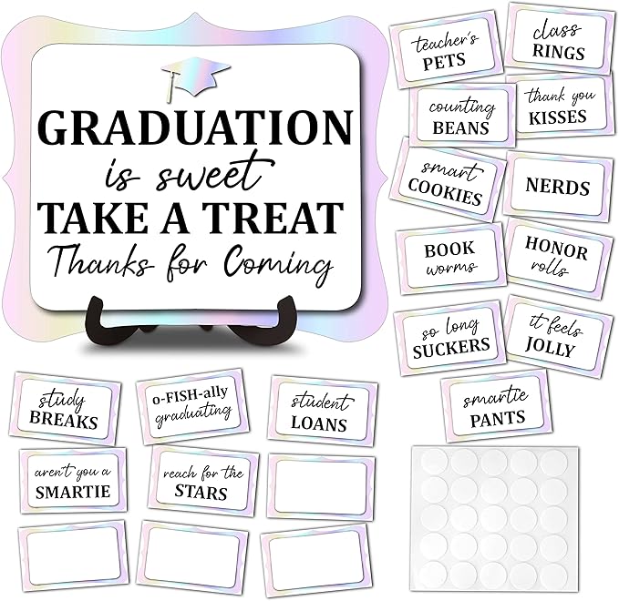 20PCS Graduation Candy Buffet Labels, 1 Colorful Candy Buffet Table Sign with Stand, Catering Supplies Display for Graduation Decorations Class of 2026 -A03