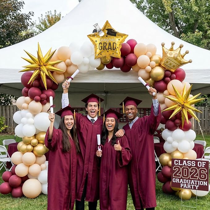 Burgundy White Gold Graduation Balloon Garland Arch Kit 126PCS with foil Star Crown graduation Cap balloons for School students graduate class of 2026 Prom Party decorations
