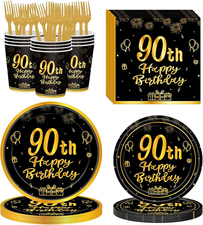 120Pcs 90th Birthday Party Supplies Plates Napkins Cups Forks Tableware Set Gold Black Happy 90th Birthday Themed Disposable Tableware Decoration Serves 24 Guests for Men Women 90 Years Old
