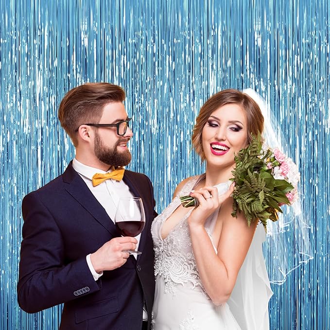 2Pack Backdrop Curtains, Sky Blue Tinsel Backdrop Photo Booth, Metallic Fringe Curtains Foil Tinsel Party Streamer for Birthday Wedding Party, Curtain Backdrop for Baby Shower Bachelorette Decorations