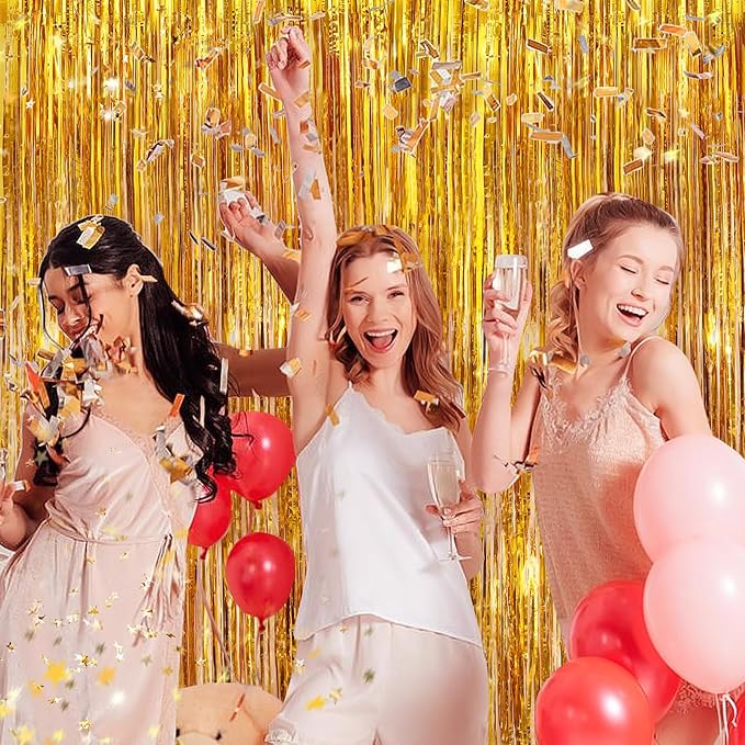 Gold Metallic Tinsel Foil Fringe Curtains, 2 Pack 3.3x8.3 Feet Party Streamer Curtains for Birthday Party Decorations, Halloween Decor, Foil Curtain Backdrop for Bachelorette Party