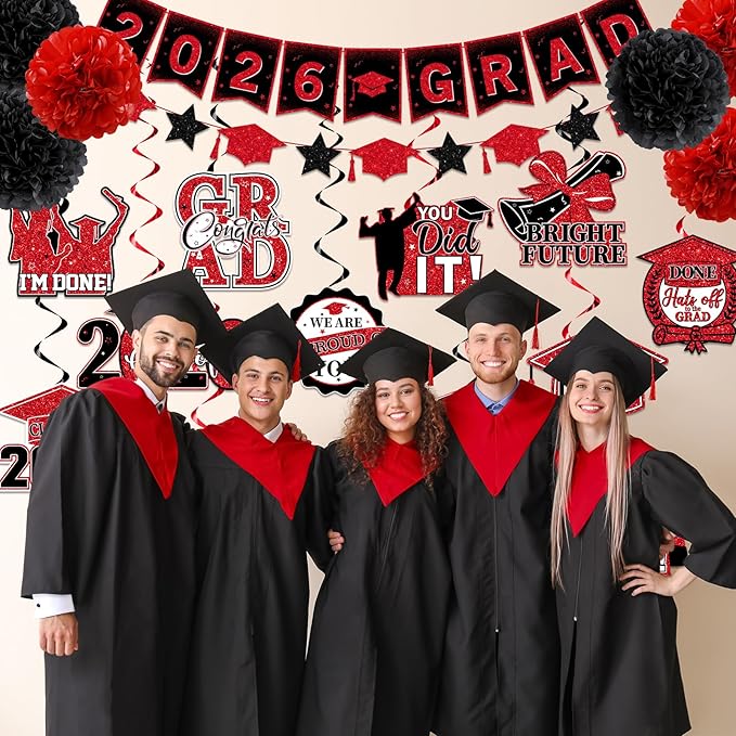 Red and Black Graduation Decorations 2026, 2026 Grad Banner and Congrats Grad Hanging Swirls, Red Graduation Banner Graduations Hanging Swirls College Graduations Party Decorations Class of 2026