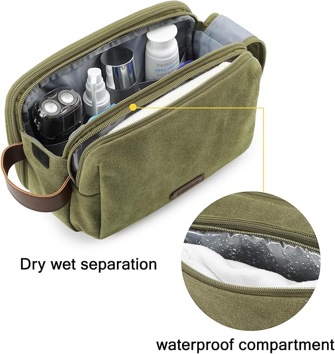 BAGSMART Toiletry Bag for Men, Canvas Travel Toiletry Organizer Dopp Kit Water-resistant Shaving Bag for Toiletries Accessories (Green, Medium)
