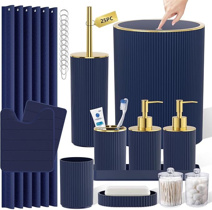 Navy Blue Bathroom Accessories Set - Bathroom Sets, 25PC Bath Accessory Set, Bathroom Sets with Push Top Trash Can, Shower Curtain and Rugs, Toilet Brush, Trash Can & Soap Dispenser