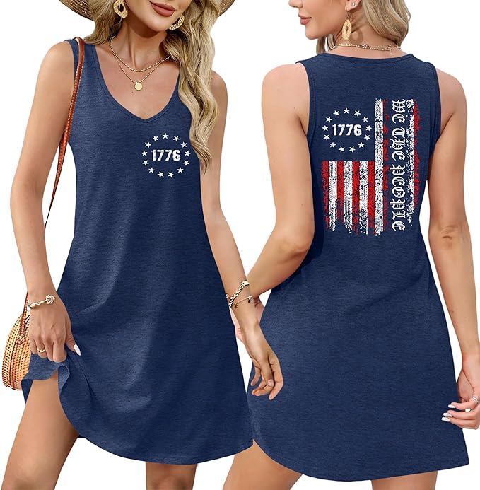 LHBNK 4th of July Dress for Women: American Flag Tank Dresses Star Striped Splicing Loose V Neck Sundresses