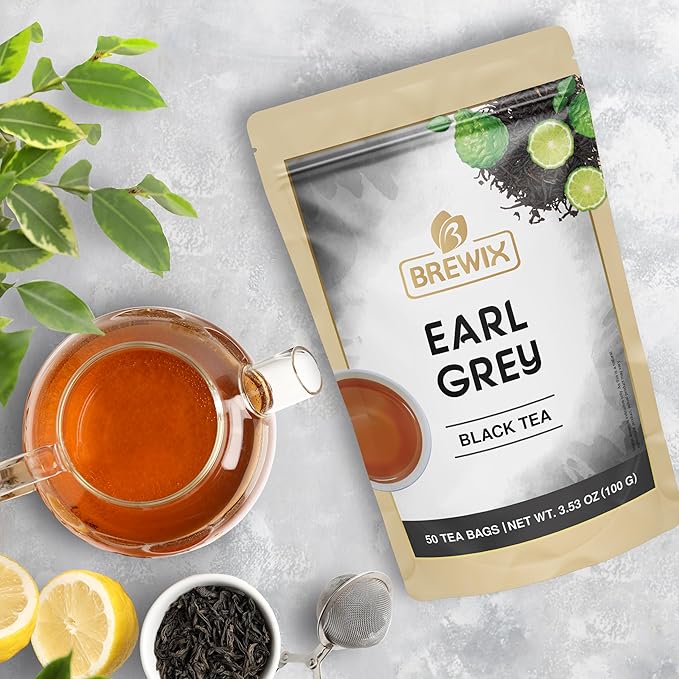 BREWIX, Earl Grey Black Tea Bags (50 Pyramid Bags) Bold & Aromatic Tea with Bergamot | Gluten Free, Energizing & Caffeinated | Sugar-Free, High Caffeine | Gourmet Tea