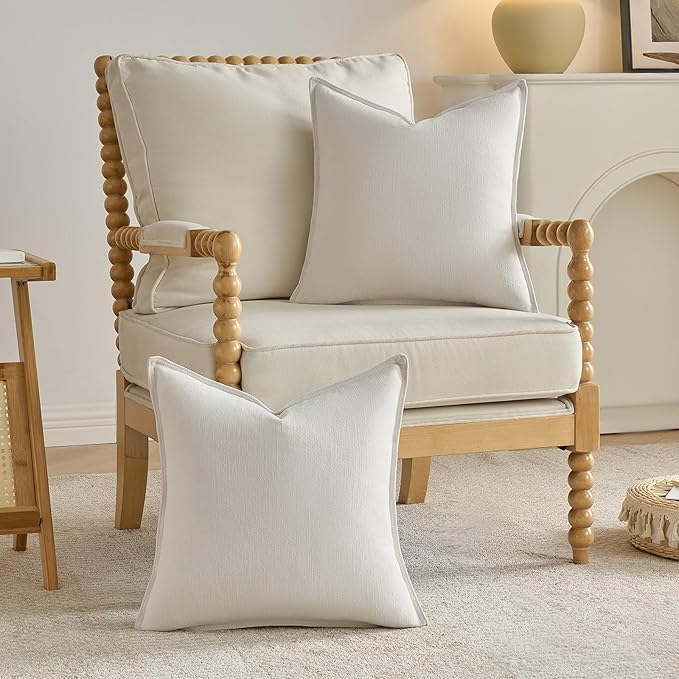 FUTEI Cream White Chenille Throw Pillow Covers 18x18 Inch Set of 2,Edges Double-Stitched Cushion Cases,Modern Home Decor for Couch Living Room