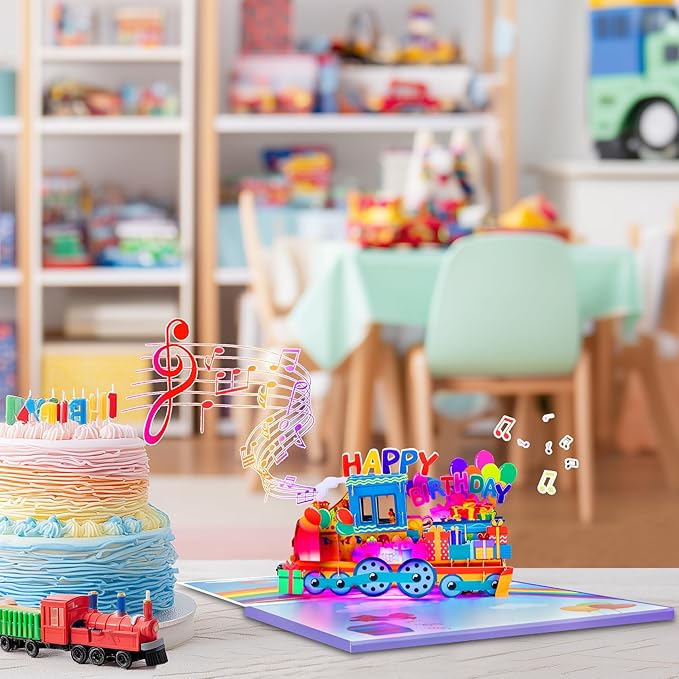GREETING ART Musical Train Birthday Card, 3D Pop Up Birthday Cards, Light & Music Happy Birthday Card for Kids, Women, Man, Mom, Wife, Husband, Boy, Girl
