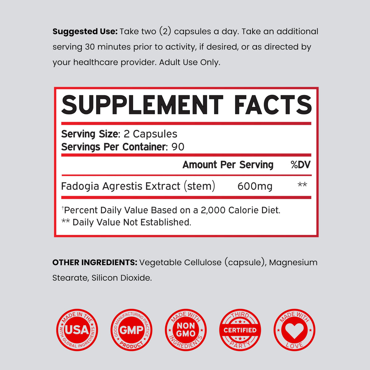 Fadogia Agrestis 600mg Extract - (180 Capsules) - [Maximum Strength] - Strength, Drive, Athletic Performance, Muscle Mass - Third Party Tested - Zero Fillers - Gluten Free, Non-GMO, Vegan Capsules
