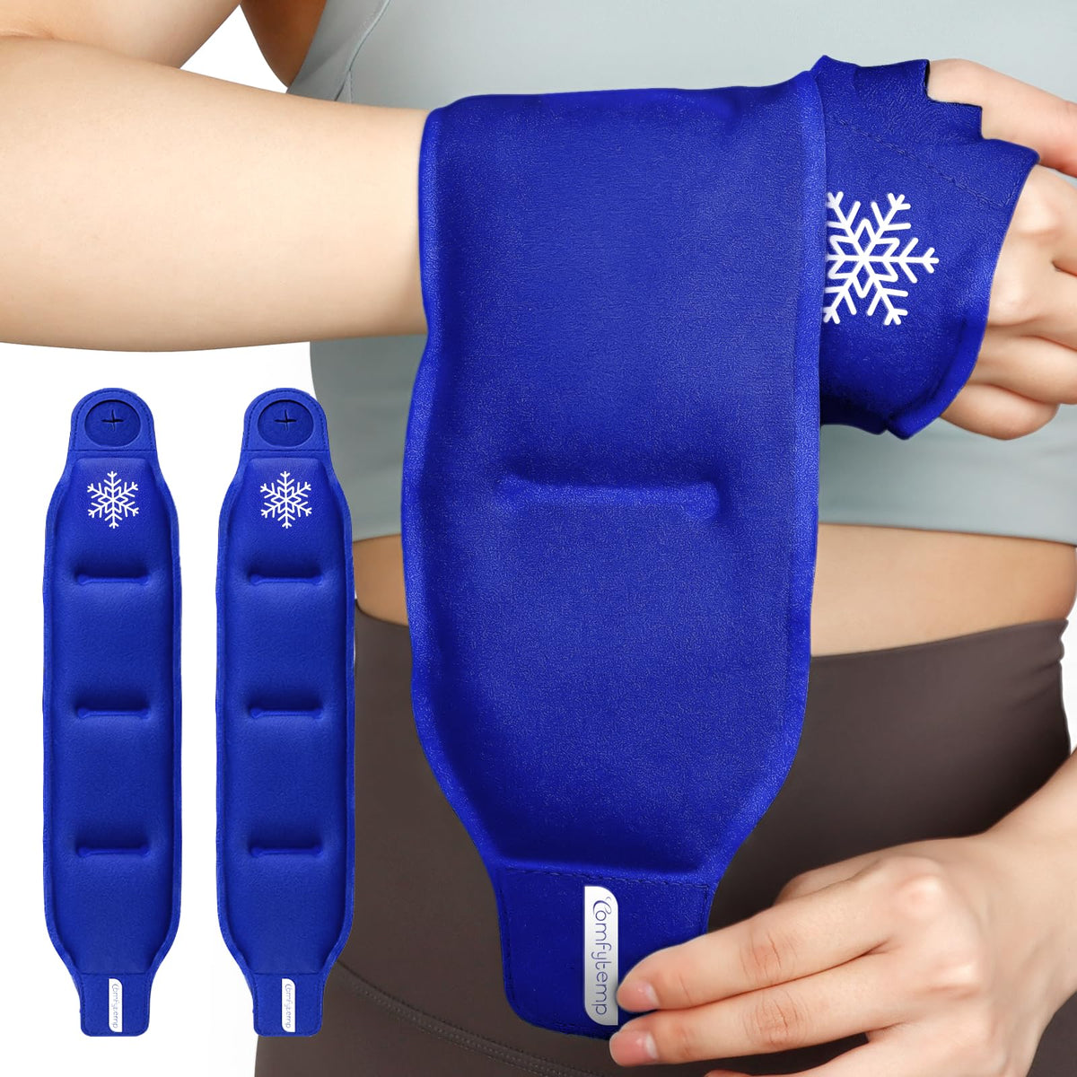 Comfytemp Wrist Ice Pack Wrap Carpal Tunnel Relief Wrist Brace, 2 Packs, FSA Eligible HSA, Gel Ice Packs for Injuries Reusable Wrap for Hand Pain, Hot Cold Compress Hand Brace, Dark Blue
