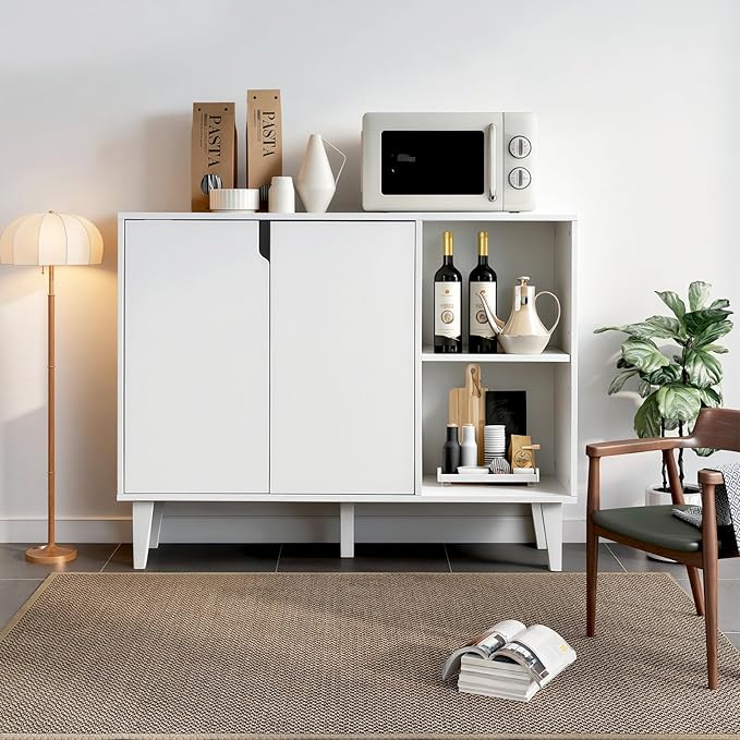 Panana Kitchen Buffet Cabinet Storage Sideboard with 2 Doors 2 Shelves, 41.8" L x 15" W x 32.5" H (White)