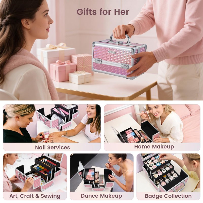 FRENESSA Makeup Train Case Makeup Box Organizer Portable Cosmetic Travel Case Makeup Case with Mirror Locking Make Up Cases Organizers and Storage for Nail Supplies Hard Cosmetic Box Shiny Pink