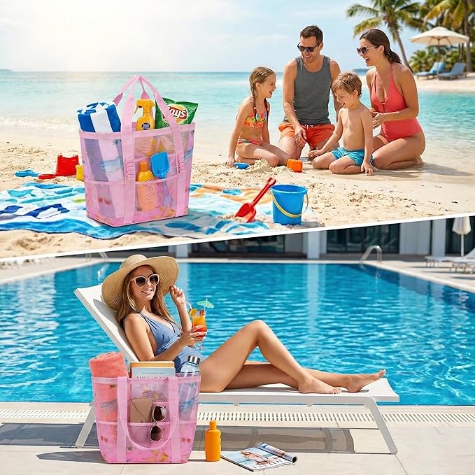 Mesh Beach Bags for Family - Women Beach Tote Bag for Toys, Towels, Travel Vacation Cruise Essentials