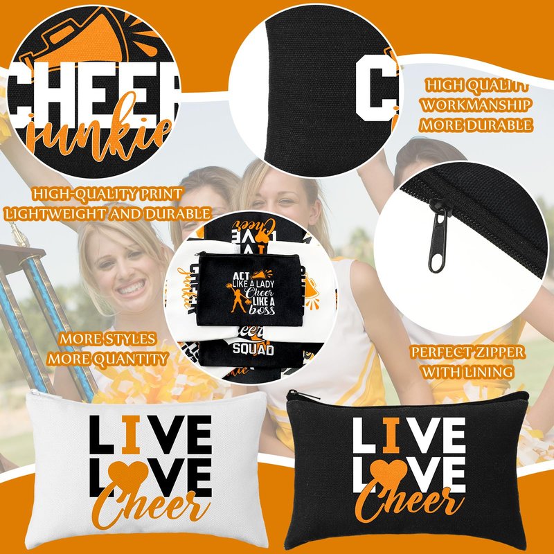 Pinkunn 20 Pcs Cheer Makeup Bags Bulk Cheer Team Gifts for Women Canvas Makeup Case Cheerleader Teams Gifts Zipper Cosmetic Pouch for Cheerleading Party Favors Supplies(Orange)