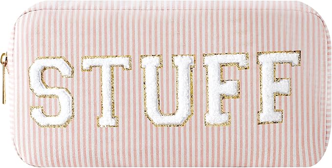 uekeboag Seersucker Chenille Letter Stuff Meds RX Makeup Bag, Travel Washable Purse Organizer with Zipper, Lightweight Toiletry Cute Personalized Preppy Cosmetic Bag For Women and Girls(02Pink Stuff)