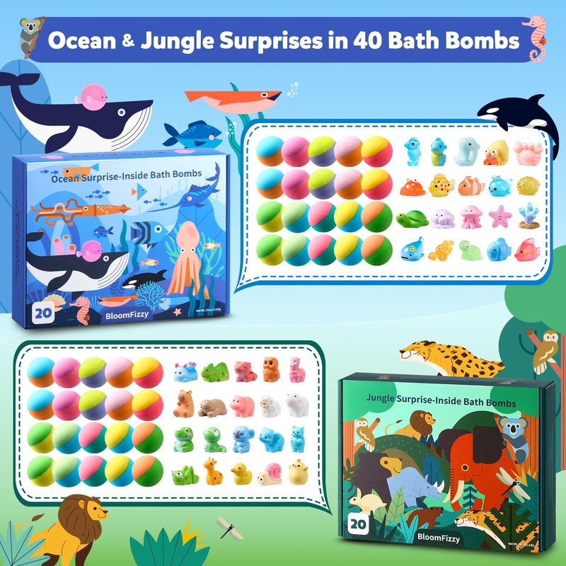 40 Kids Bath Bombs with Surprise Inside, Ocean & Jungle Animal Toys Gift Set with Natural Child-Safe Ingredients, Travel-Friendly Bath Bombs for Boys and Girls, Great for Birthdays, Christmas & Easter