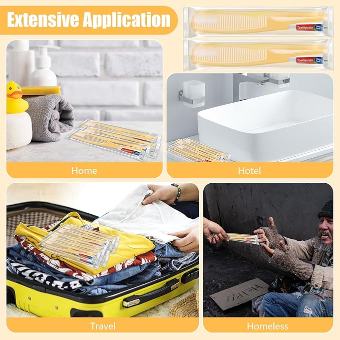NICEMOVIC 240 Pack Disposable Toothbrushes Bulk with Toothpaste and Comb Travel Size Toothpaste Set Homeless Care Package Supplies for Bulk Individually Wrapped Disposable Travel Hotel Charity, Yellow