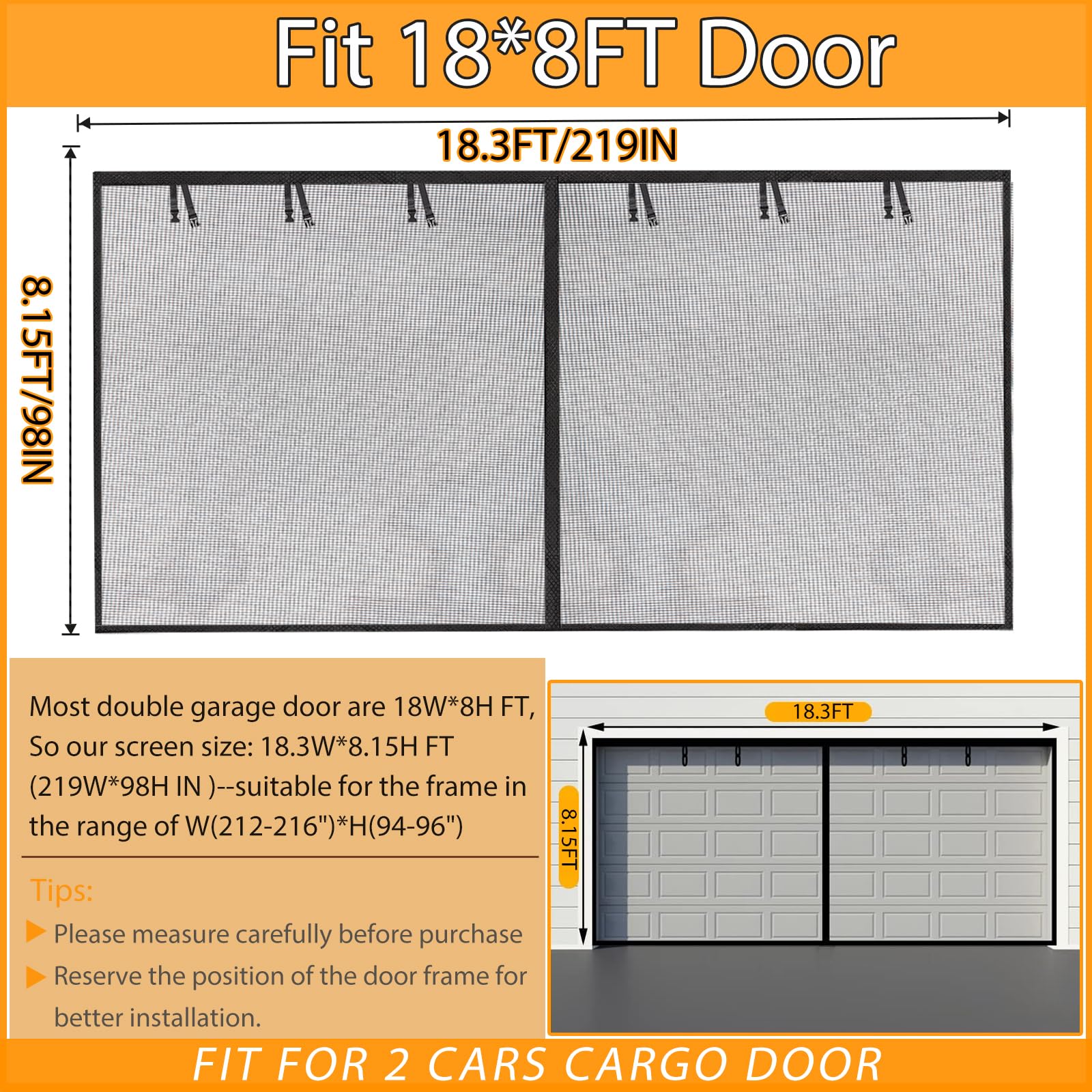 Garage Screen Doors for 2 car garage-18x8FT Fiberglass 3000g/6.7lb Durable Heavy Duty Magnetic Garage Door Screen Retractable Hands Free with 6 Roll Up Straps for Patio Workshop Home Gym Sun Room