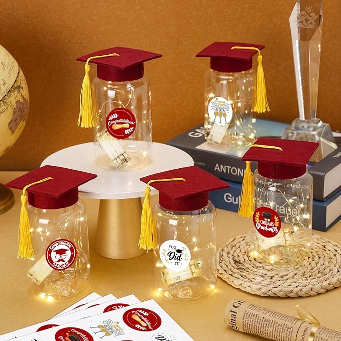 Boao 16 Sets Graduation Table Decoration Set with LED Light up Graduation Decorations for Class of 2026, Grad Jar, Felt Grad Hat and Stickers for High School College(Dark Red,Vivid)