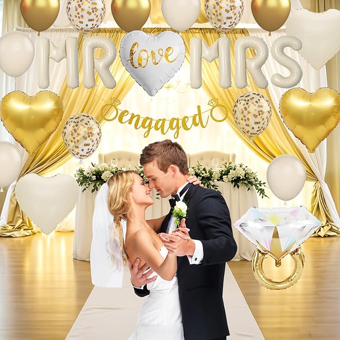 Sand White Engagement Party Decorations, MR and MRS Balloons Decor, White Gold Confetti Balloons, Love Heart and Diamond Ring Foil Balloon with Engaged Banner for Wedding Engagement Party Decoration
