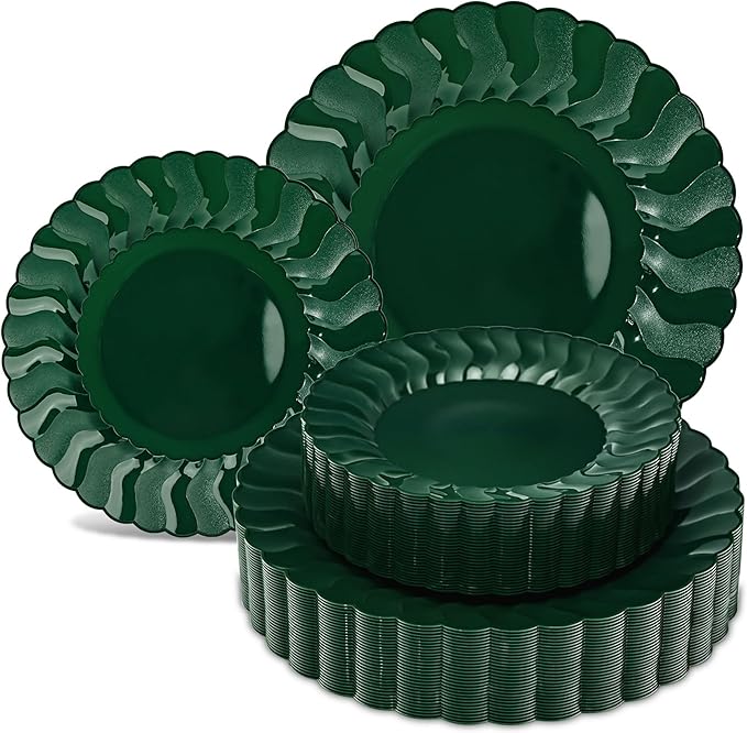 Lullaby 60PCS Green Scalloped Plastic Plates, Disposable Elegant Party Plates Include 30pcs Dinner Plate 10.25", 30pcs Plastic Dessert Plate 7.5", Perfect for Wedding and Party